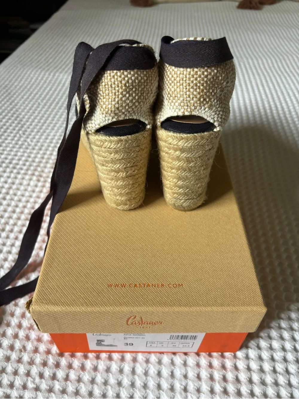 Castaner Navy Blue Canvas Espadrille Wedges with Ankle Tie Straps